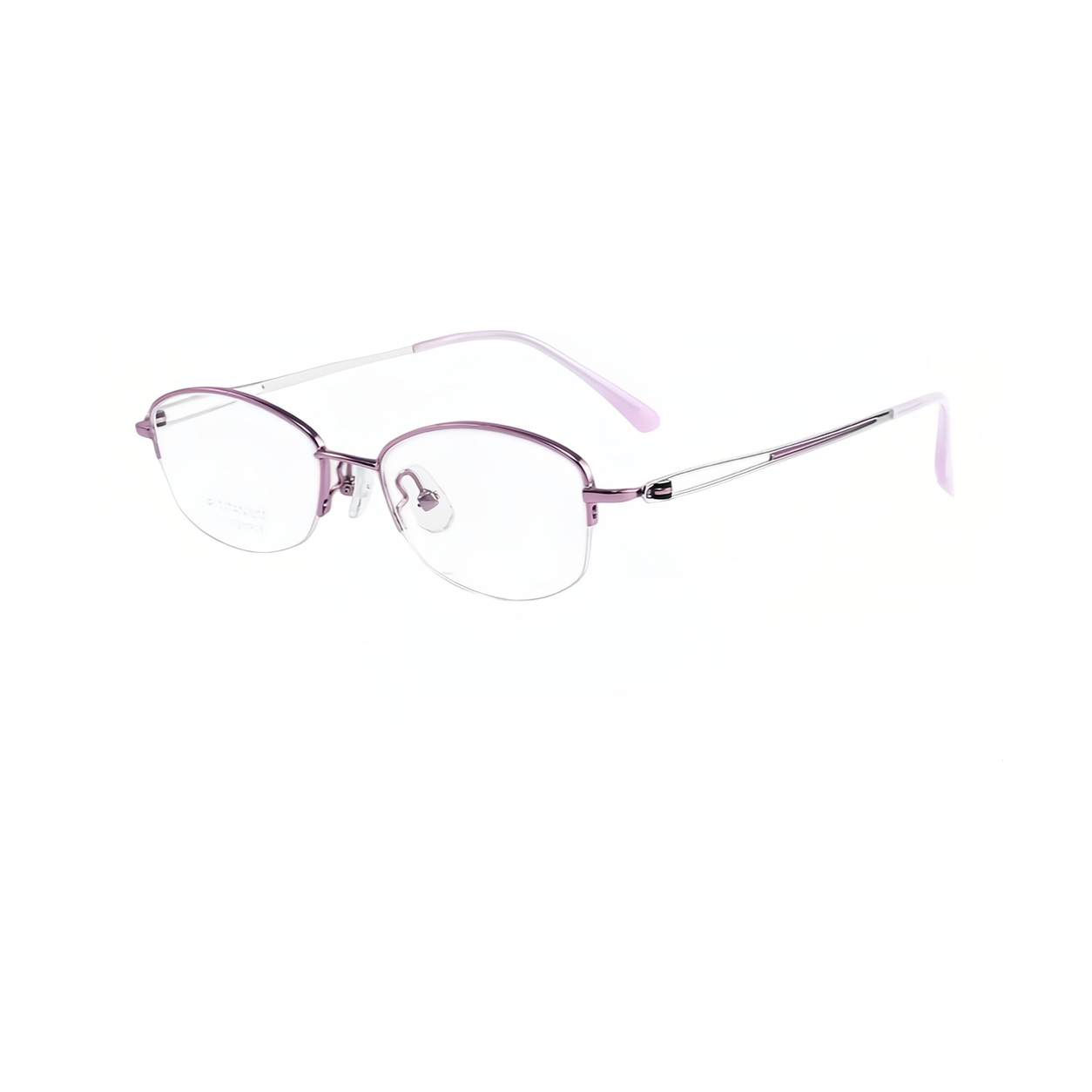 Purple/Silver pure titanium semi-rimless eyeglass frame, 45-degree product view