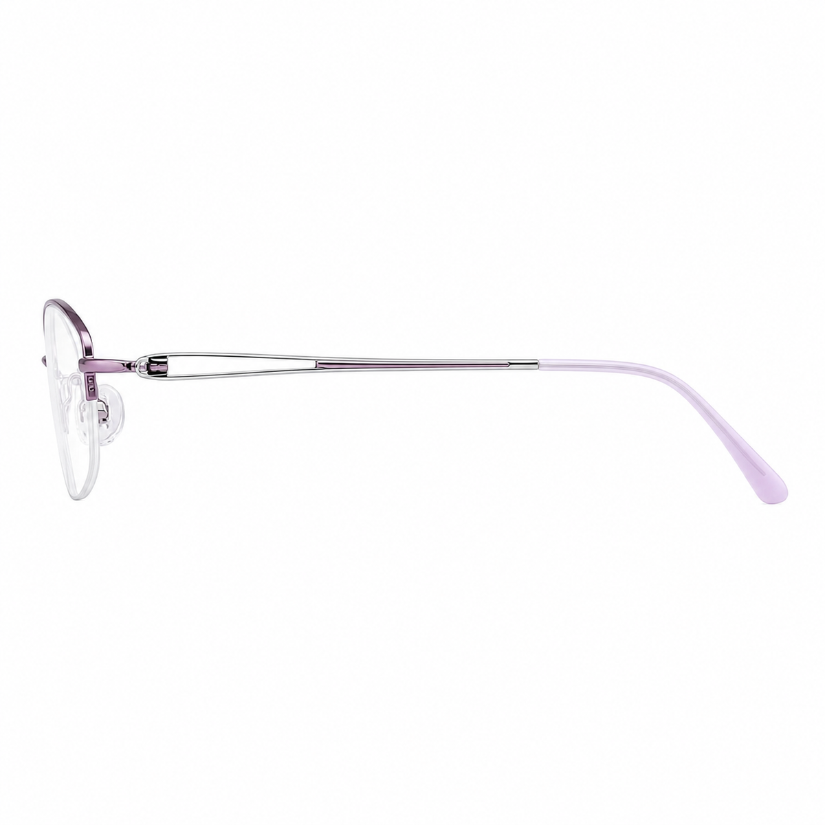Purple/Silver pure titanium semi-rimless eyeglass frame, side-profile product view