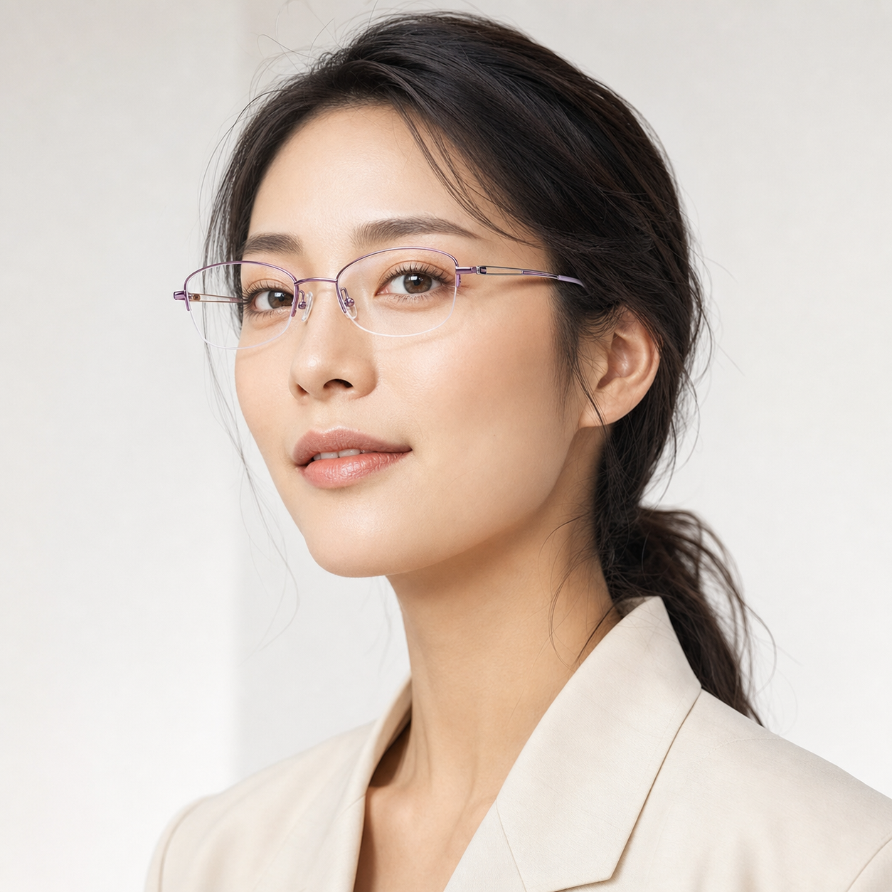 Purple/Silver pure titanium semi-rimless glasses worn by an adult East Asian woman