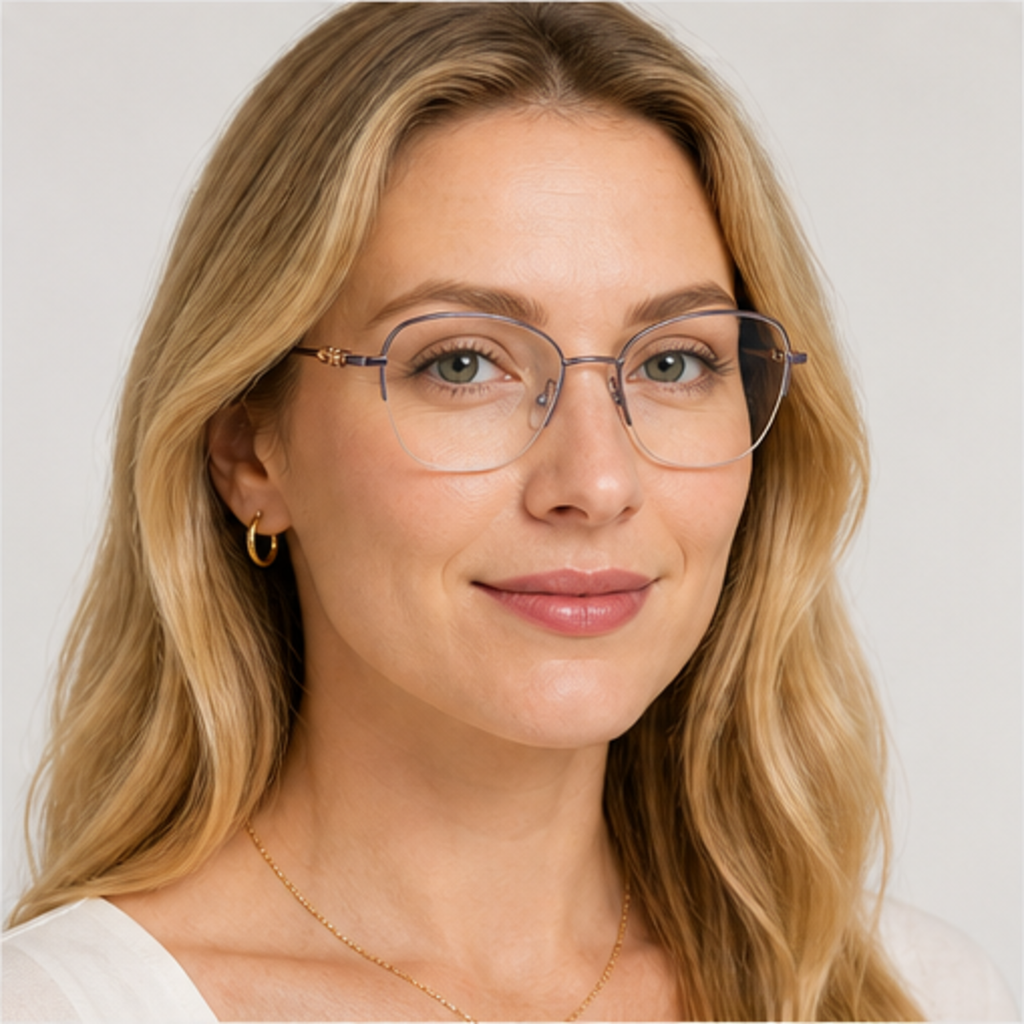 Purple women's pure titanium semi-rimless glasses worn by an adult White Woman