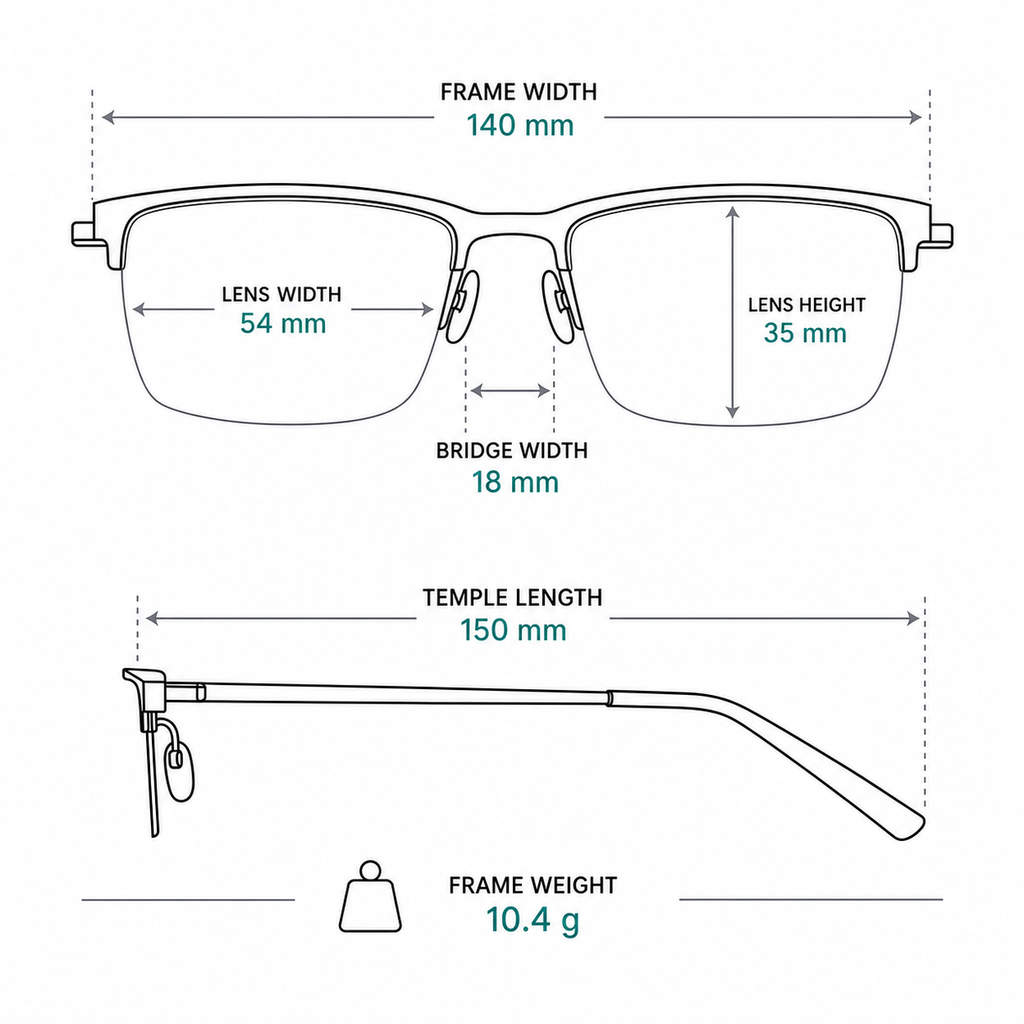Frame measurement guide showing 140 mm width, 54 mm lenses and 10.4 g weight