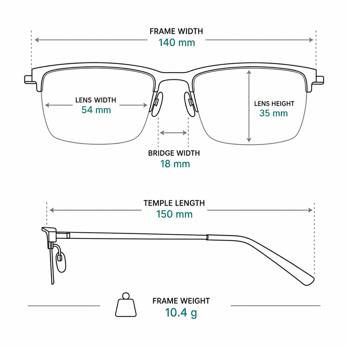 Frame measurement guide showing 140 mm width, 54 mm lenses and 10.4 g weight