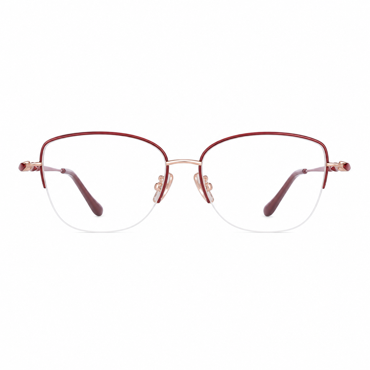 Red/Rose Gold pure titanium semi-rimless eyeglass frame, front product view