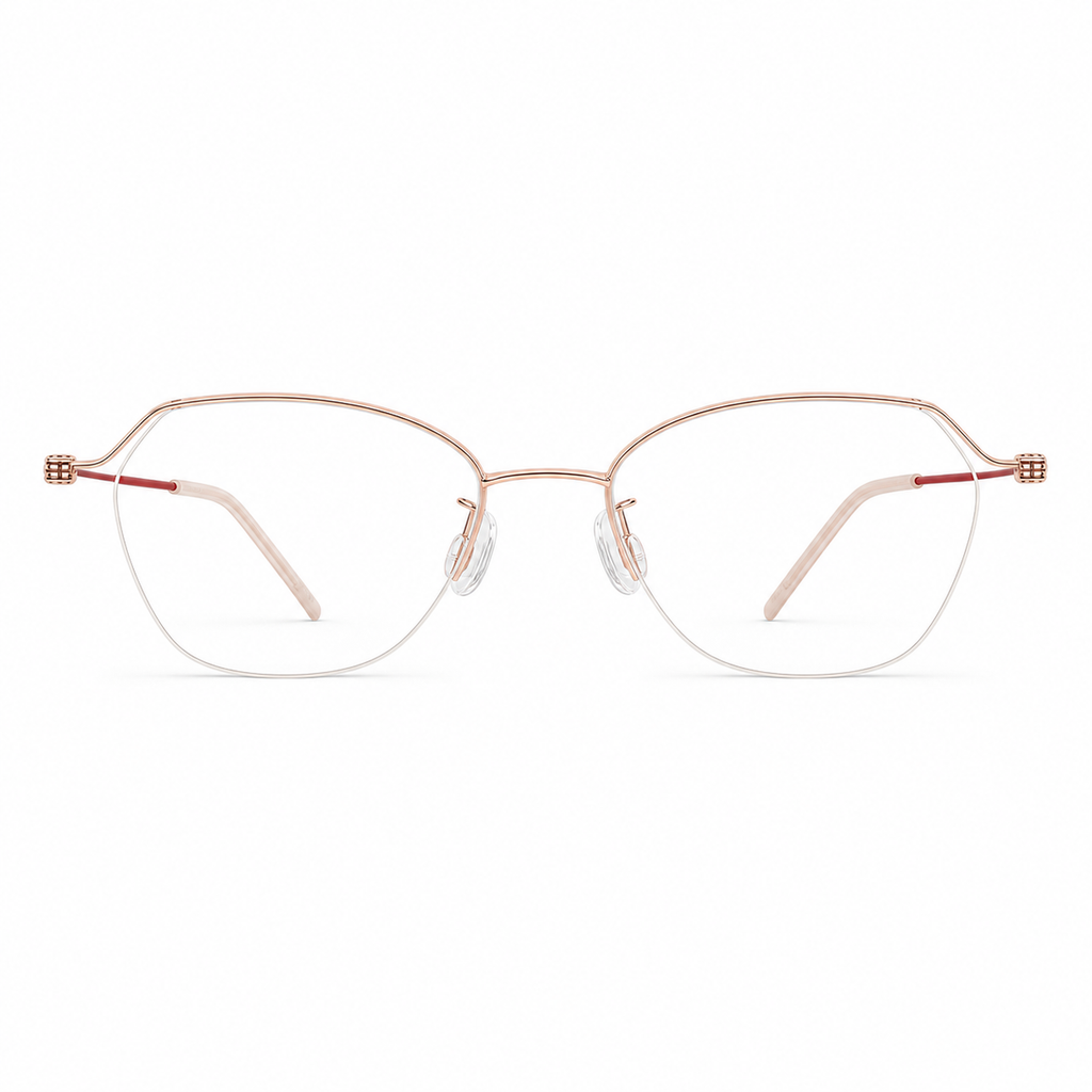 Red and rose-gold pure-titanium semi-rimless glasses, front product view