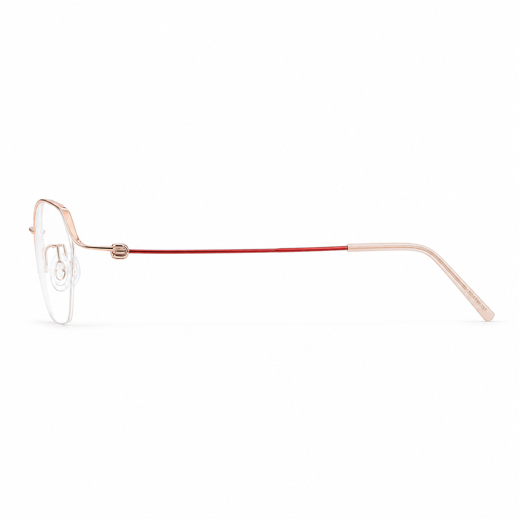 Red and rose-gold pure-titanium semi-rimless glasses, side-profile product view