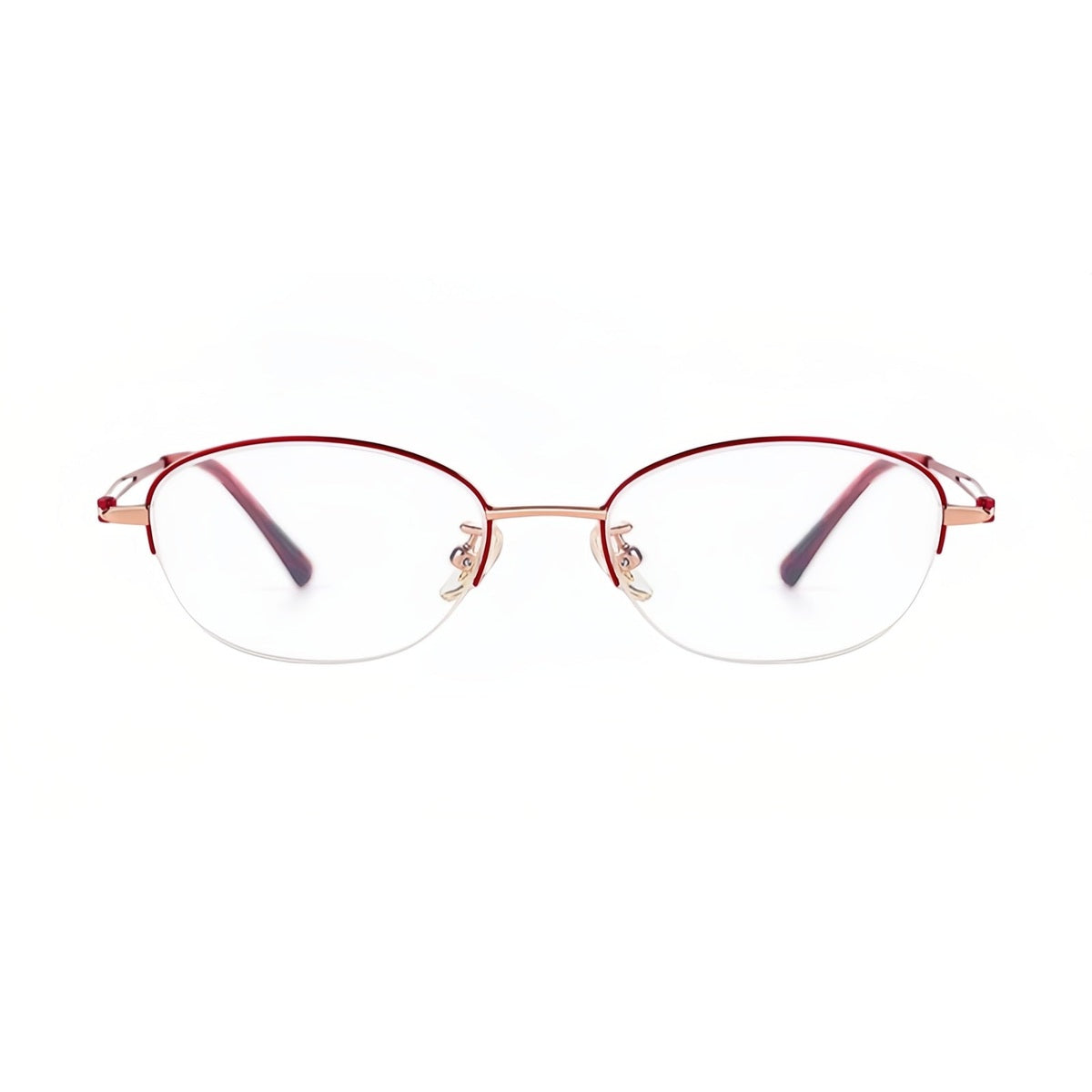 Red/Rose Gold artistic soft-oval titanium semi-rimless glasses, front product view