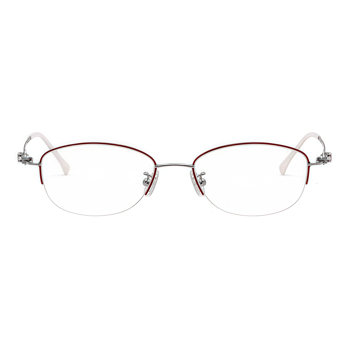 Red/Silver alloy semi-rimless glasses, front product view