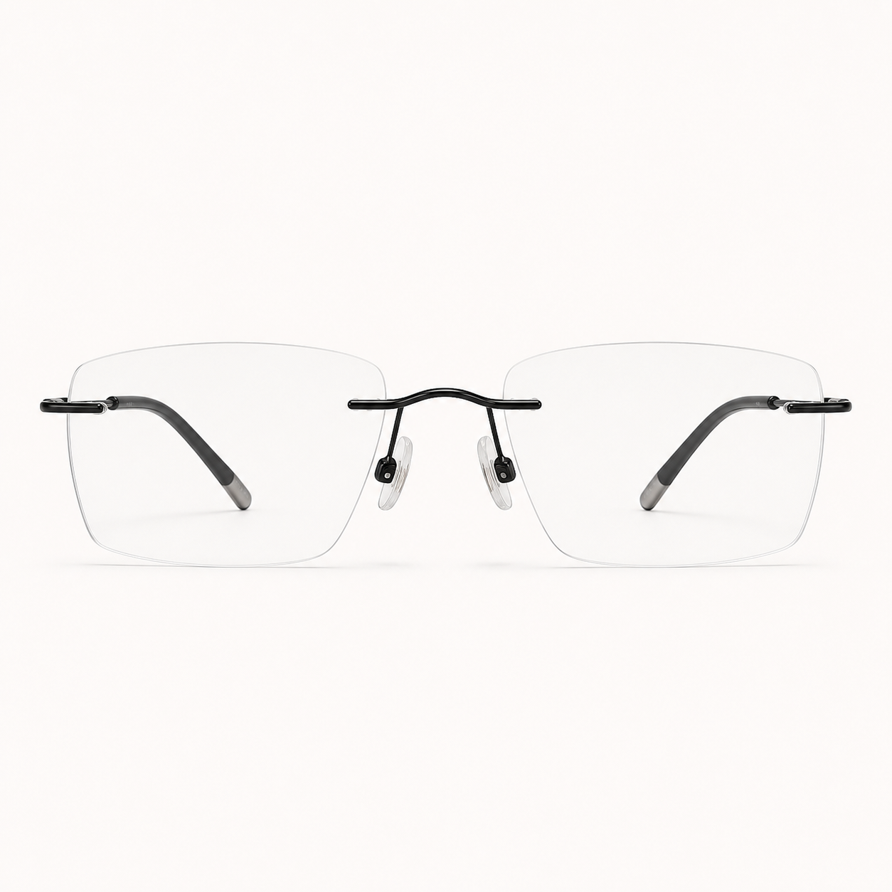 Black titanium rimless narrow rectangular eyeglasses, straight-on product view