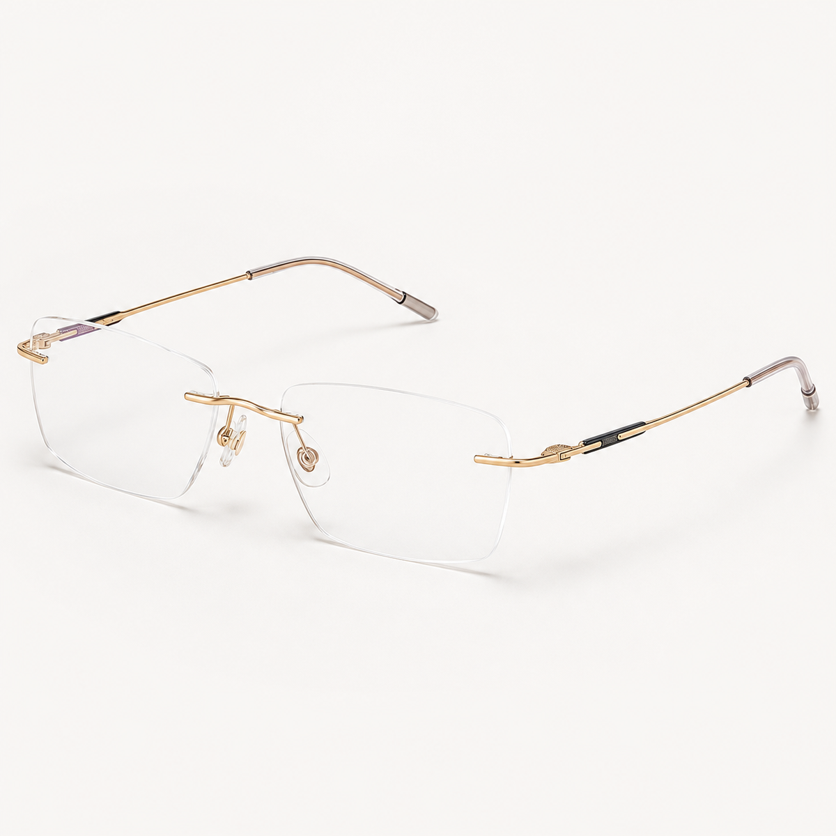 Gold titanium rimless narrow rectangular eyeglasses, 45-degree product view