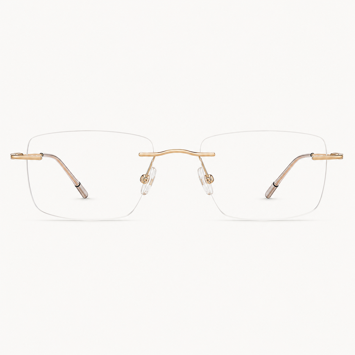 Gold titanium rimless narrow rectangular eyeglasses, straight-on product view