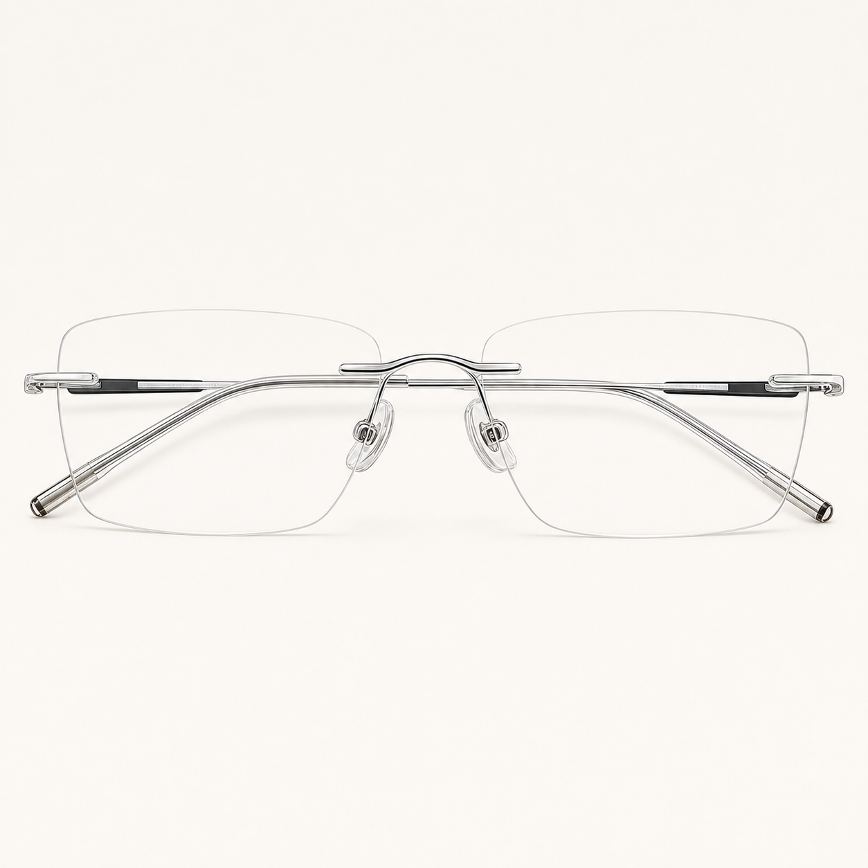 Silver titanium rimless narrow rectangular eyeglasses, straight-on product view