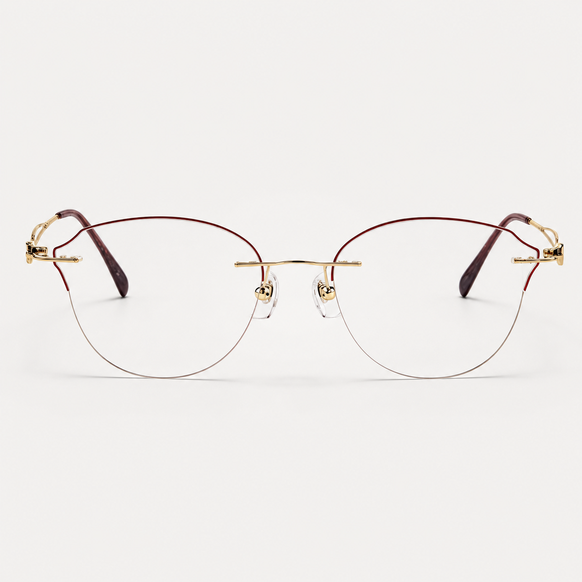 Gold/Red titanium rimless butterfly eyeglasses, straight-on product view