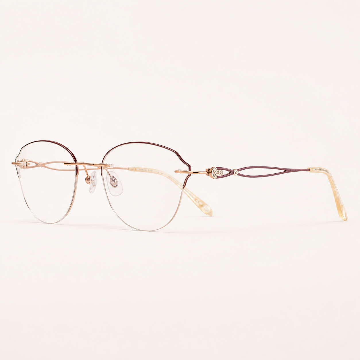 Rose Gold/Brown titanium rimless butterfly eyeglasses, side-profile product view