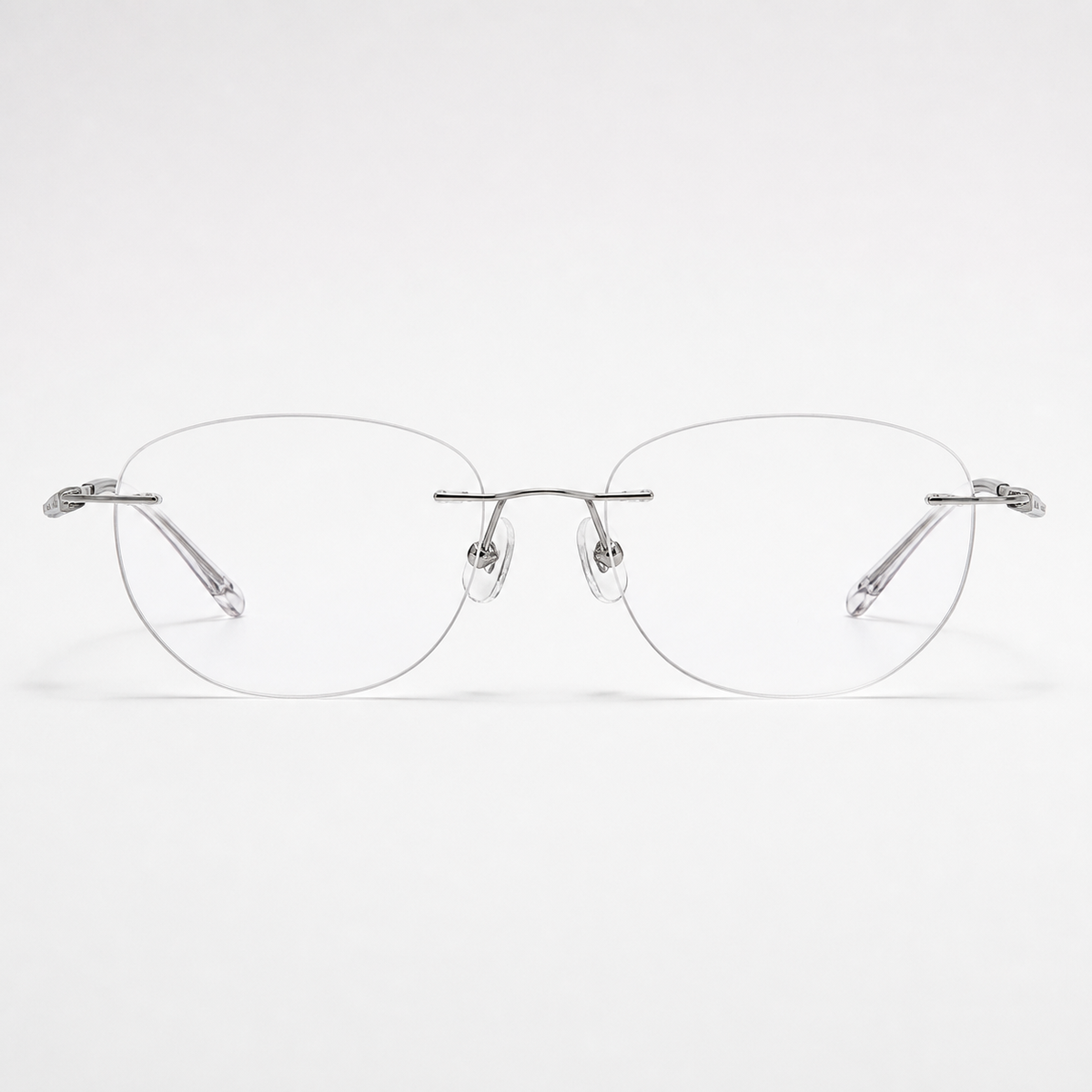 Silver titanium rimless round eyeglasses, straight-on product view