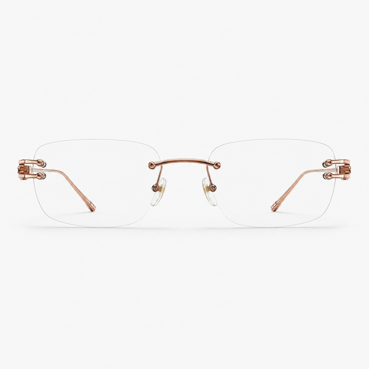 Rose Gold semi-titanium rectangular rimless glasses, front product view