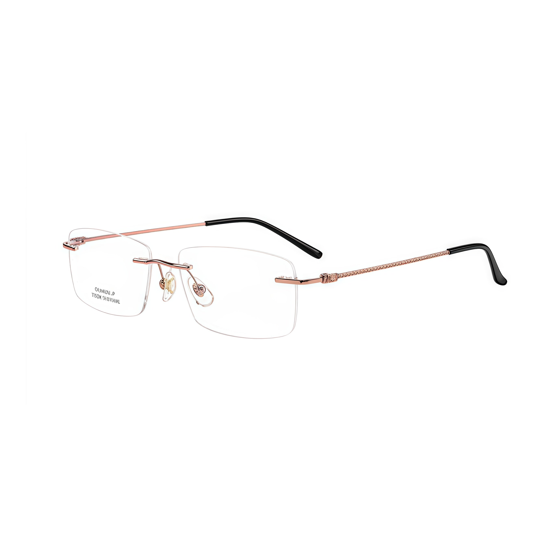 Rose Gold semi-titanium rimless glasses, 45-degree product view