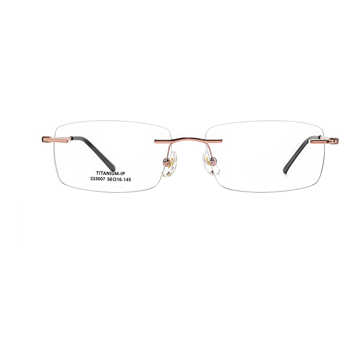Rose Gold semi-titanium rimless glasses, front product view