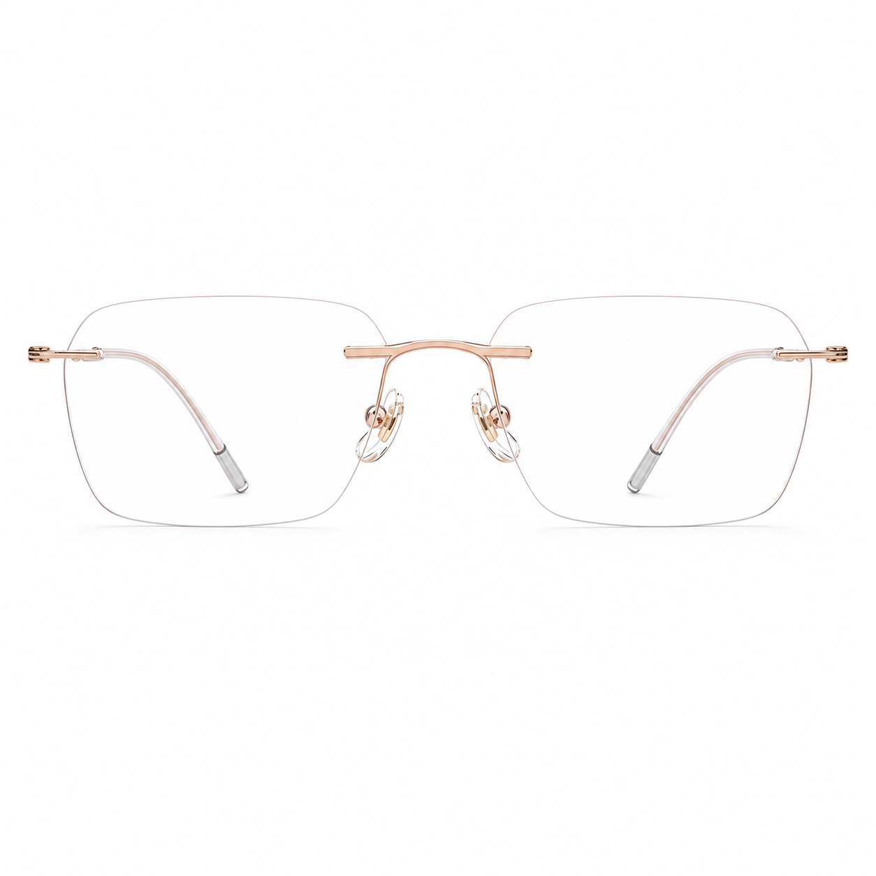 Rose Gold titanium softly squared rimless glasses, front product view