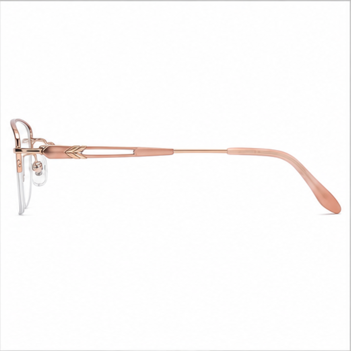 Rose Gold women's minimalist pure-titanium semi-rimless glasses, side-profile product view