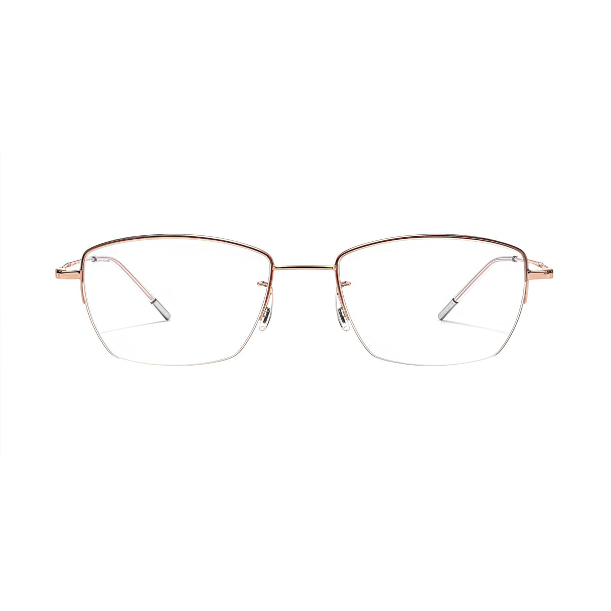 Rose Gold minimalist rectangular titanium semi-rimless glasses, front product view