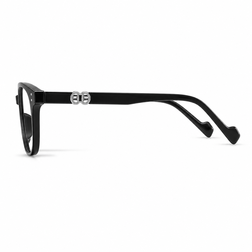 Black eyeglass frame, side-profile product view