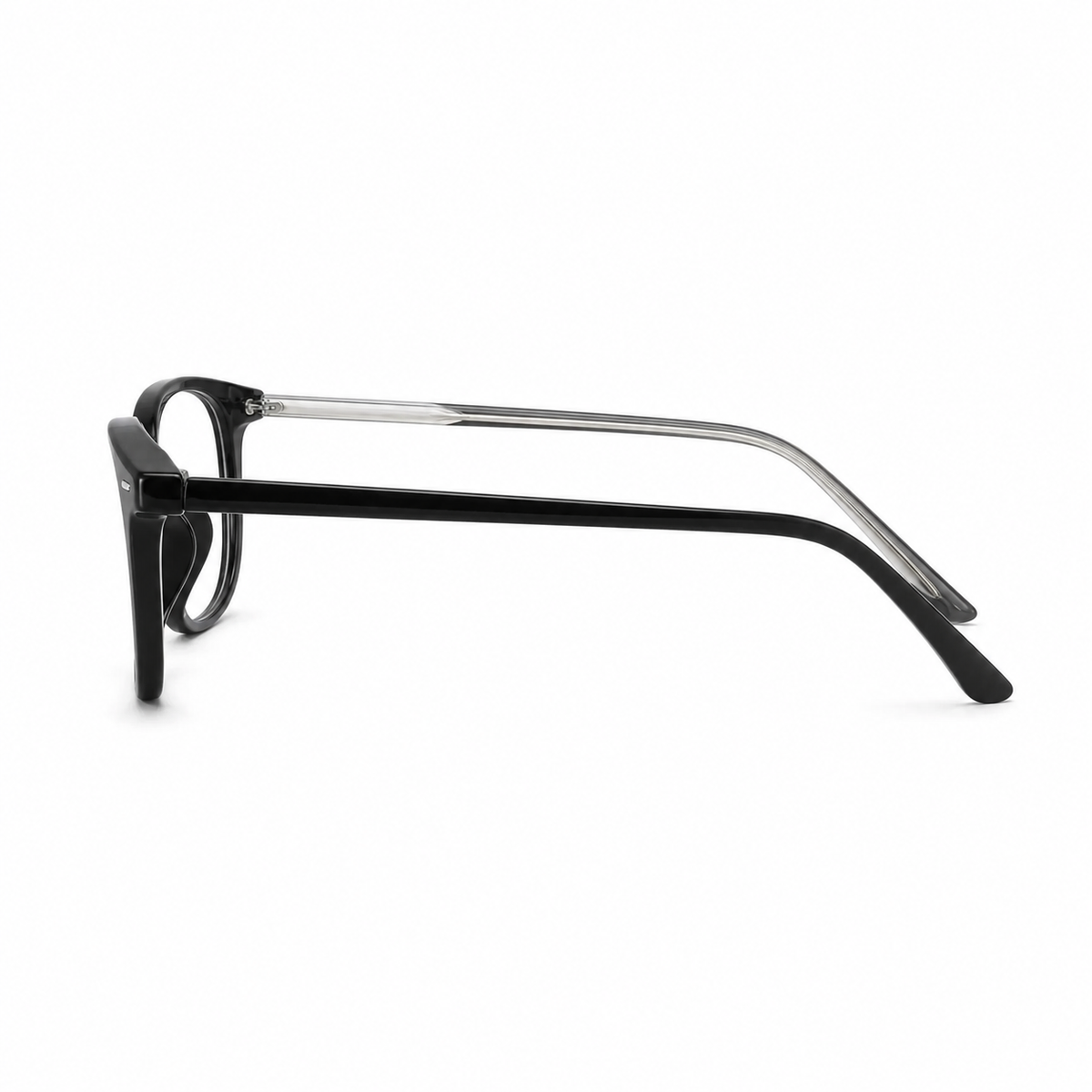 Black eyeglass frame, side-profile product view