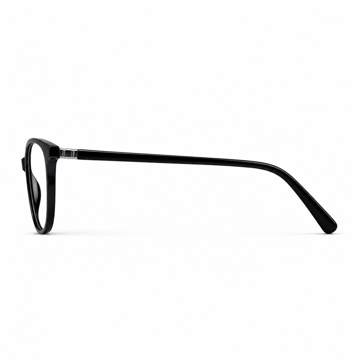 Glossy Black eyeglass frame, side-profile product view