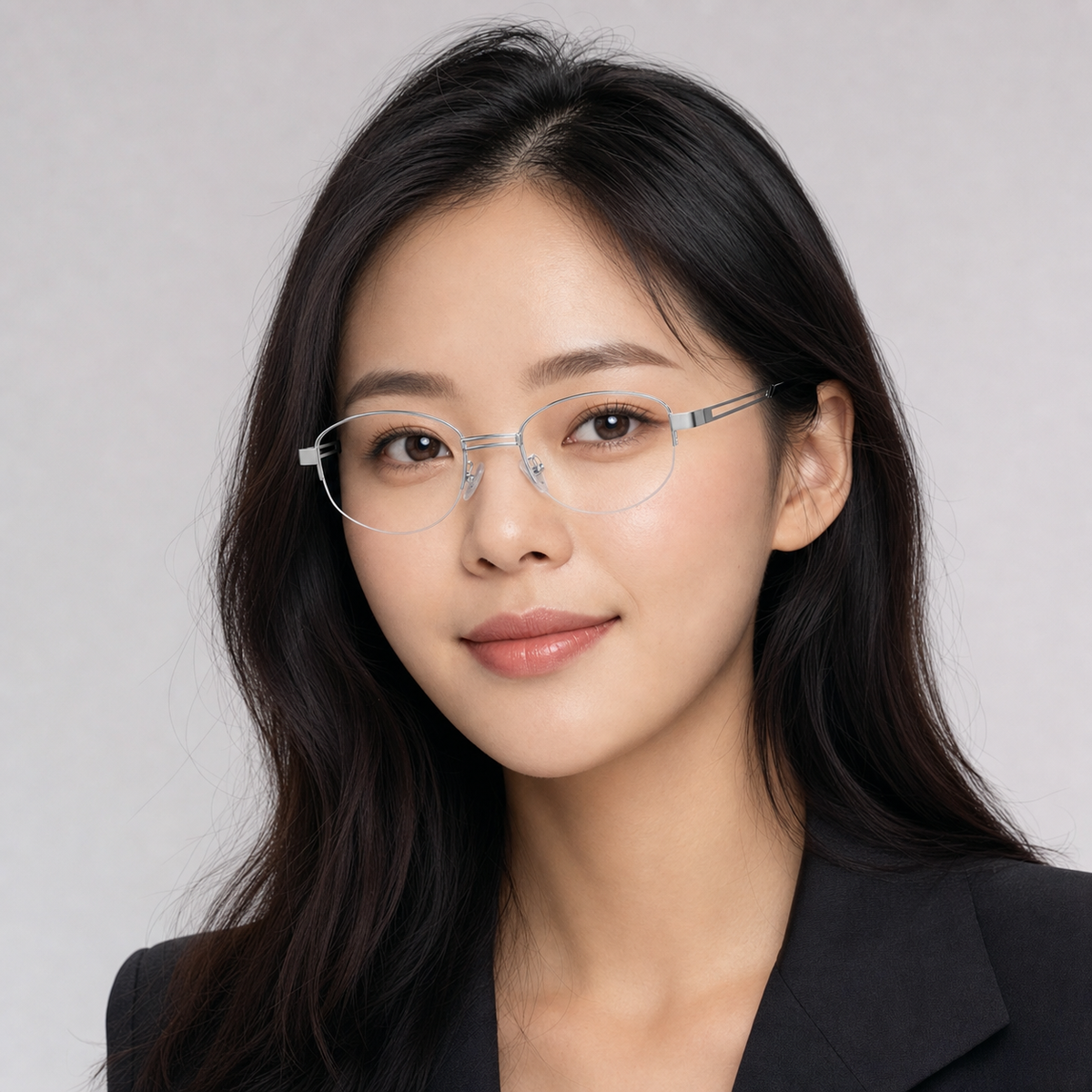 Silver oval semi-rimless glasses worn by an adult East Asian woman