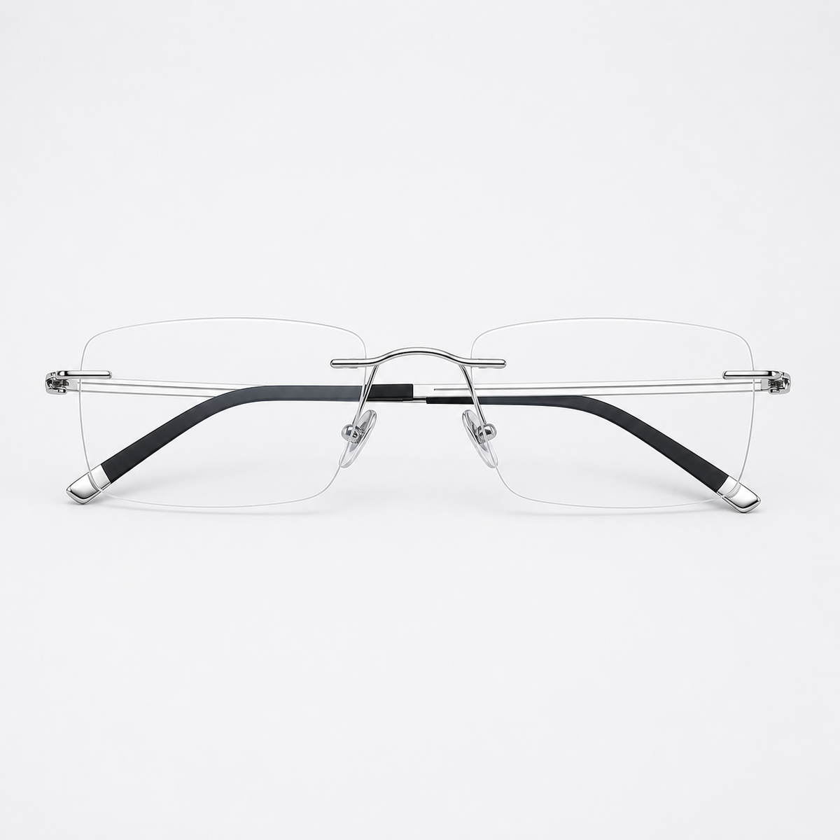 Silver pure titanium rectangular rimless glasses, front product view