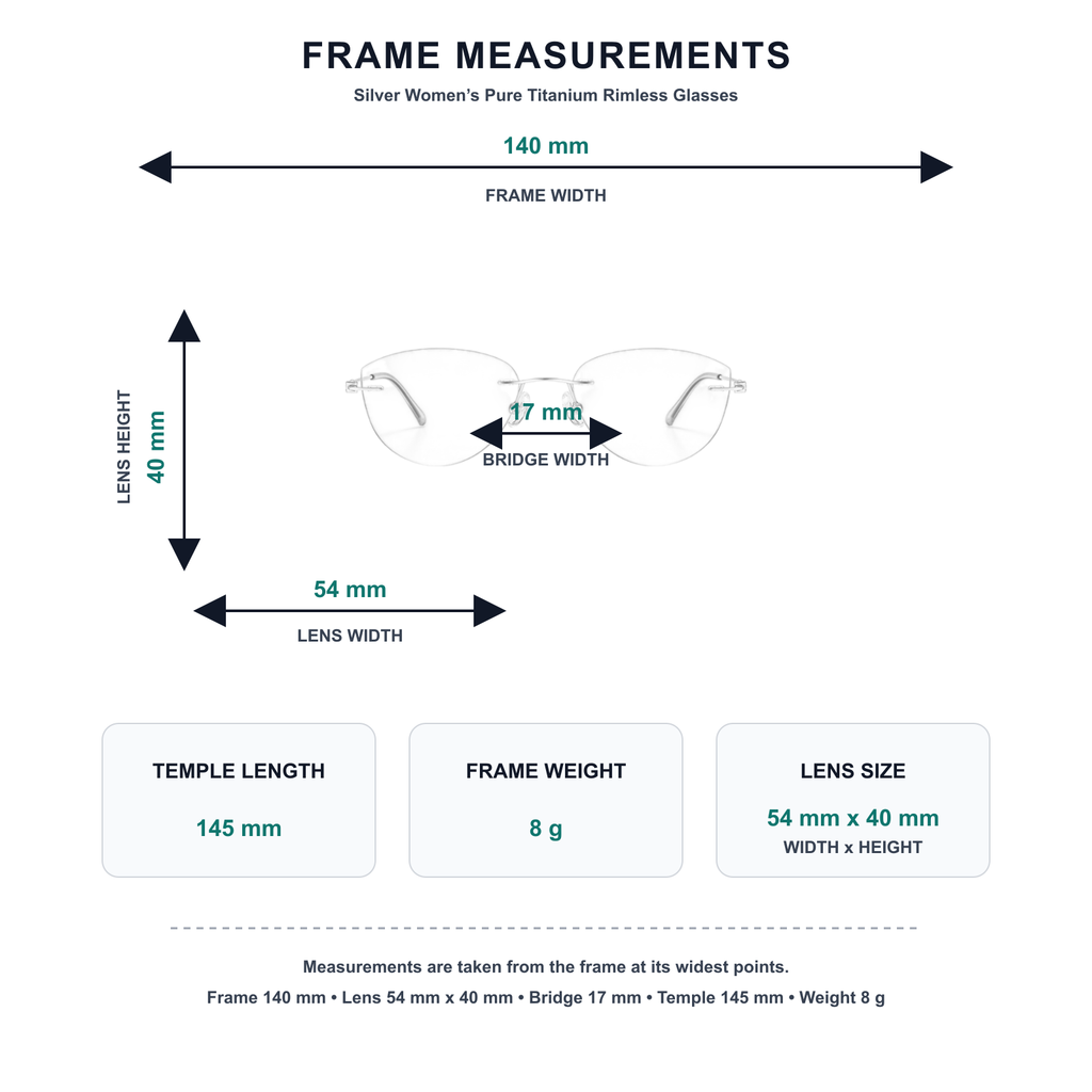 Silver pure-titanium rimless glasses measurement guide: 140 mm frame, 54 mm lens, 8 g weight