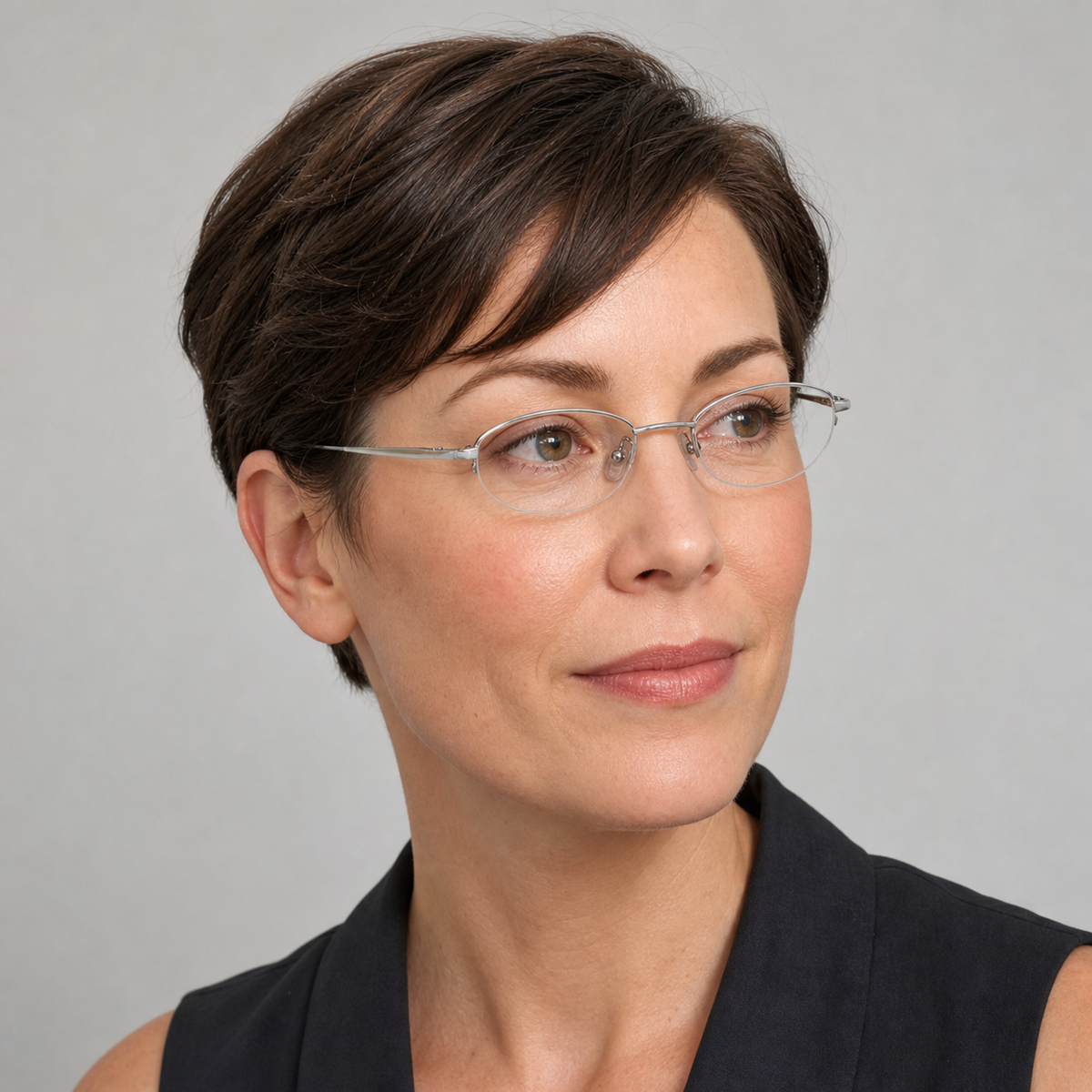 Silver semi-rimless oval glasses worn by an adult White woman
