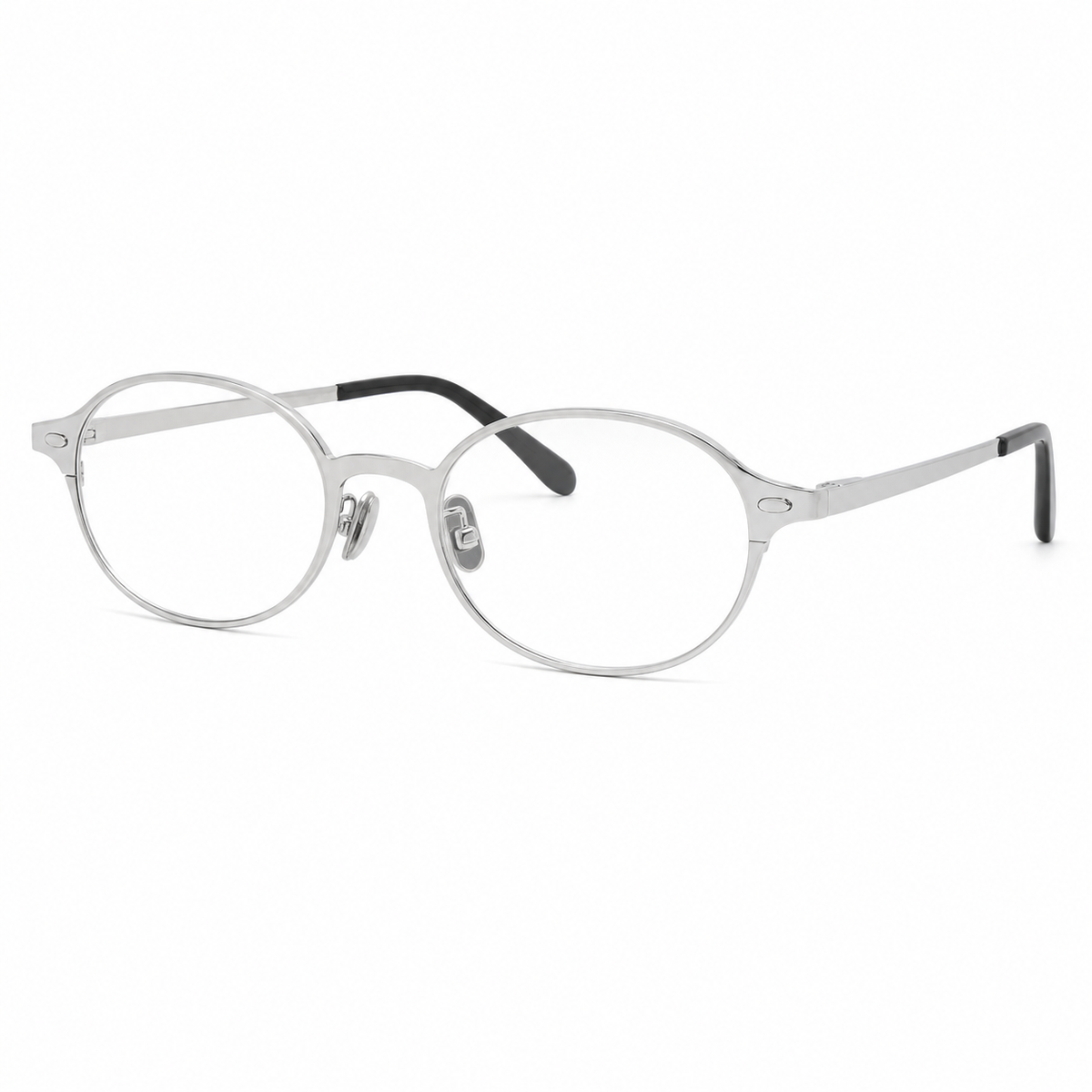 Silver semi-titanium nerd oval full-rim glasses, 45-degree product view