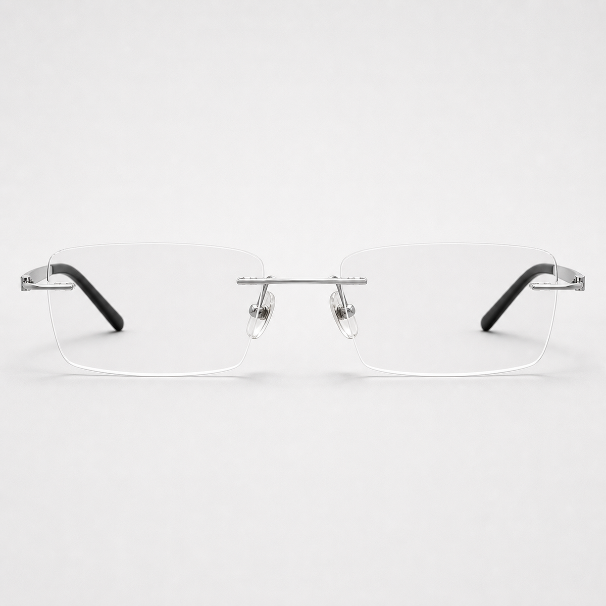 Silver titanium and acetate rectangular rimless glasses, front product view