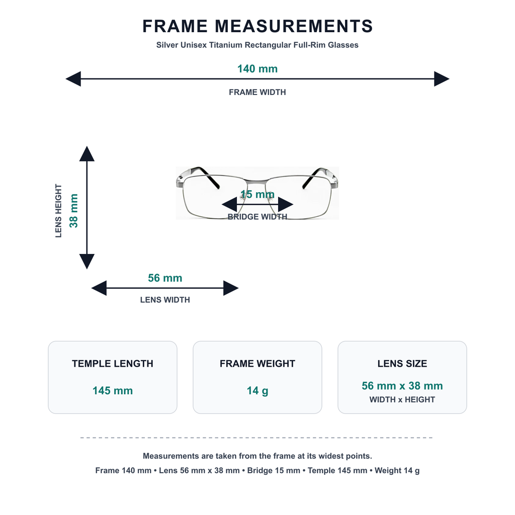 Silver titanium rectangular full-rim glasses measurement guide: 140 mm frame, 56 mm lens, 14 g weight