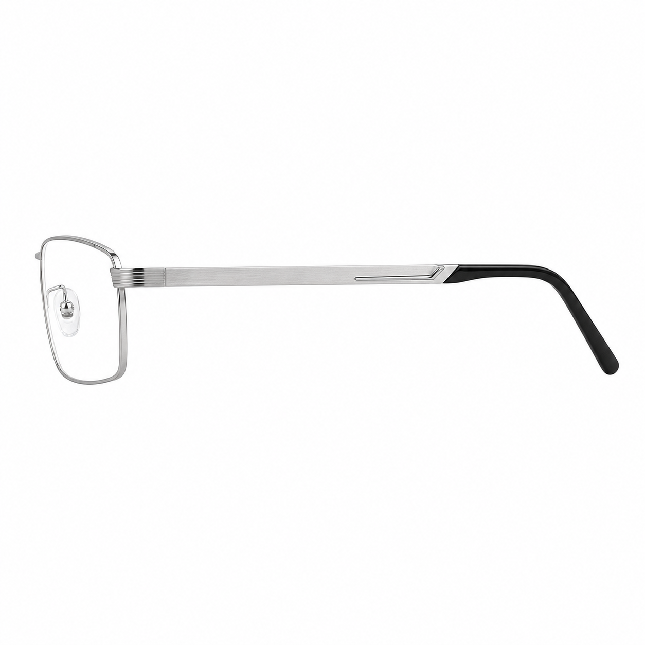 Silver titanium rectangular full-rim glasses, side and temple product view