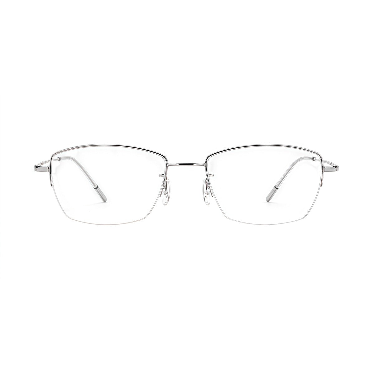 Silver minimalist rectangular titanium semi-rimless glasses, front product view