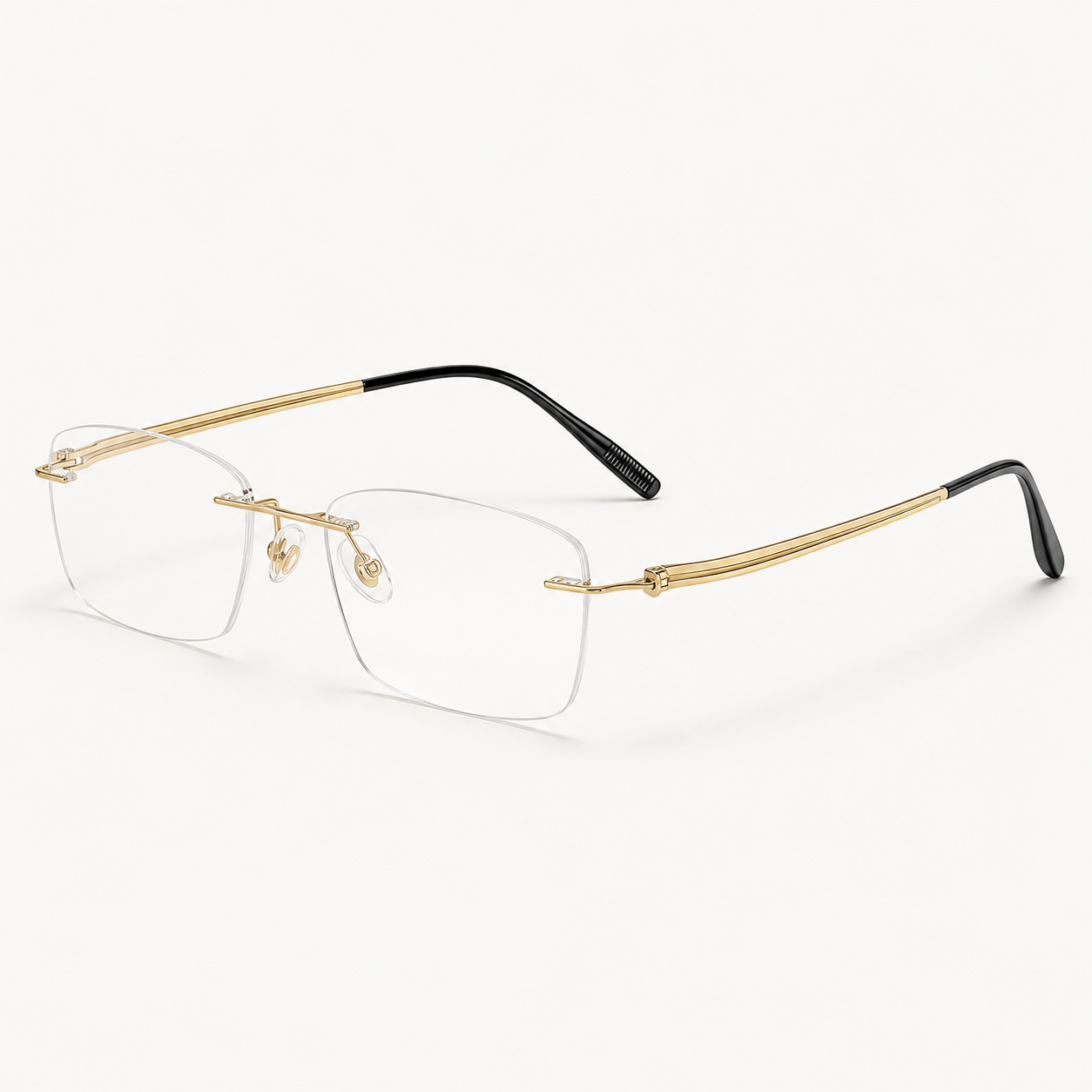 Gold pure titanium rimless slim rectangular eyeglasses, 45-degree product view