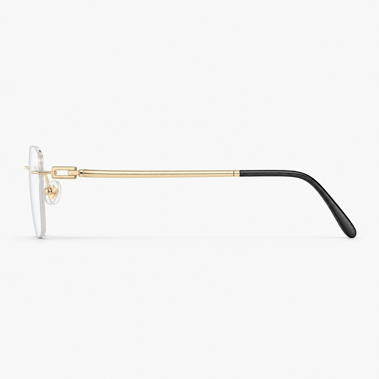 Gold pure titanium rimless slim rectangular eyeglasses, side-profile product view