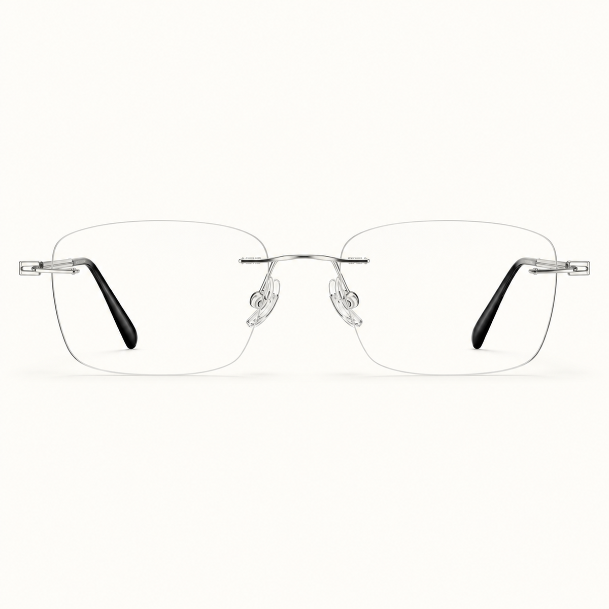 Silver pure titanium rimless slim rectangular eyeglasses, straight-on product view