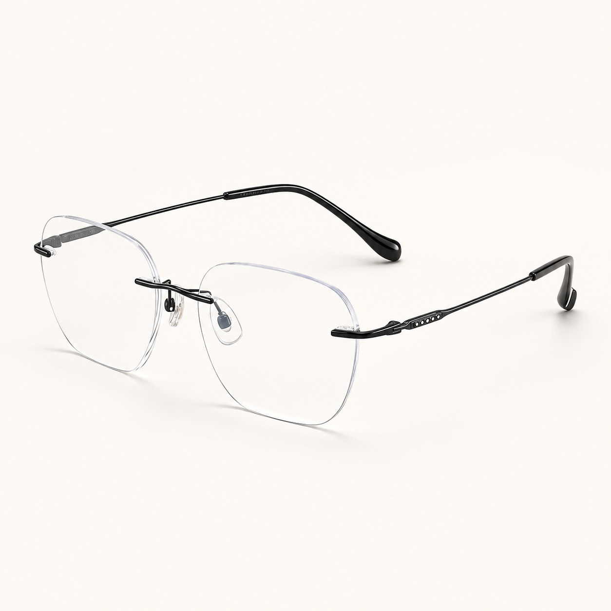 Black pure titanium rimless deep soft-square eyeglasses, 45-degree product view