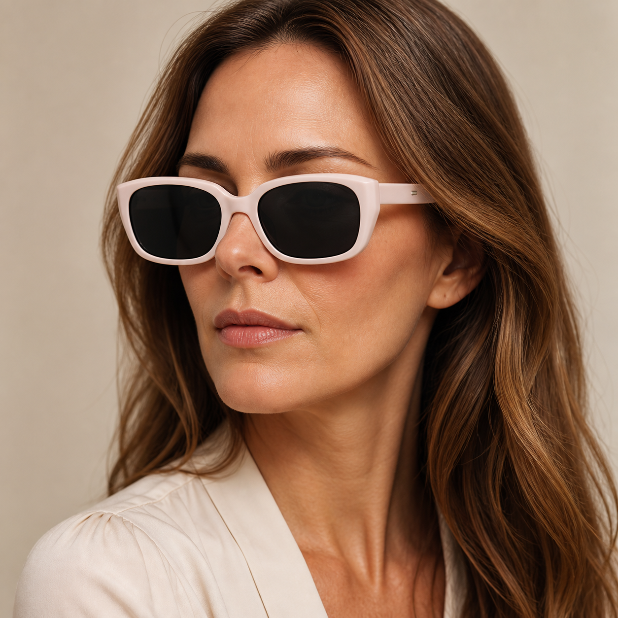 Women’s Pink full-rim cat-eye sunglasses, front adult model fit