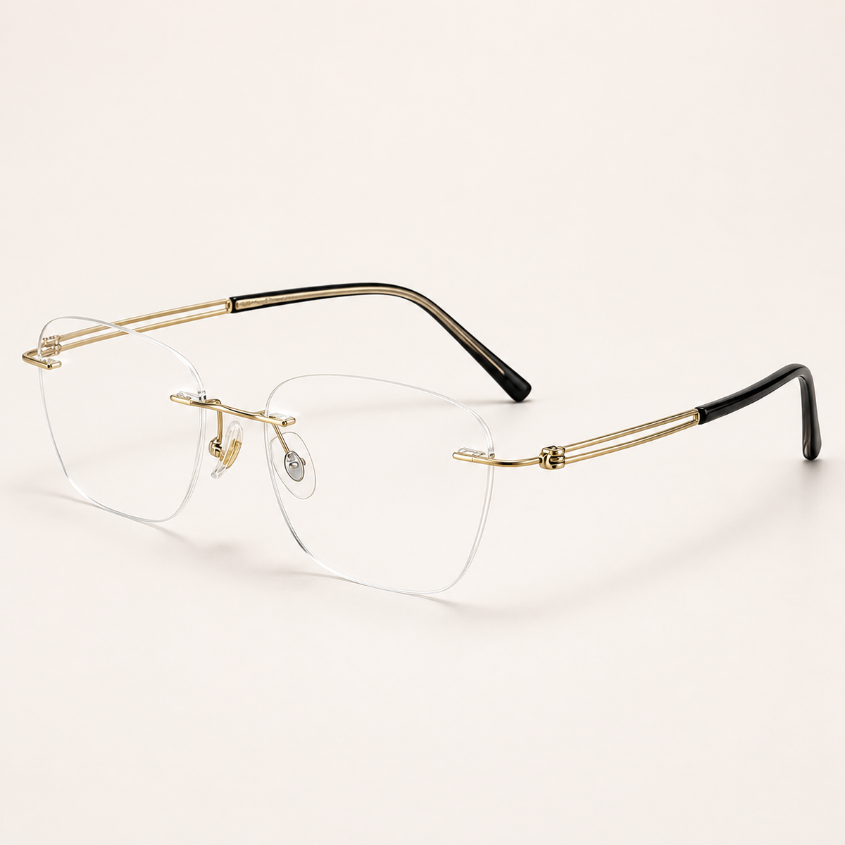 Gold titanium rimless rounded-rectangle eyeglasses, 45-degree product view