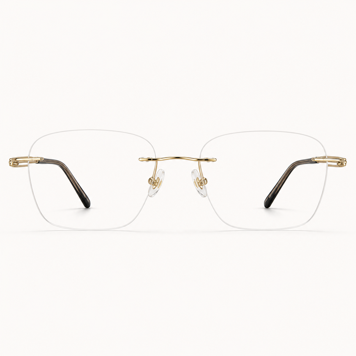Gold titanium rimless rounded-rectangle eyeglasses, straight-on product view