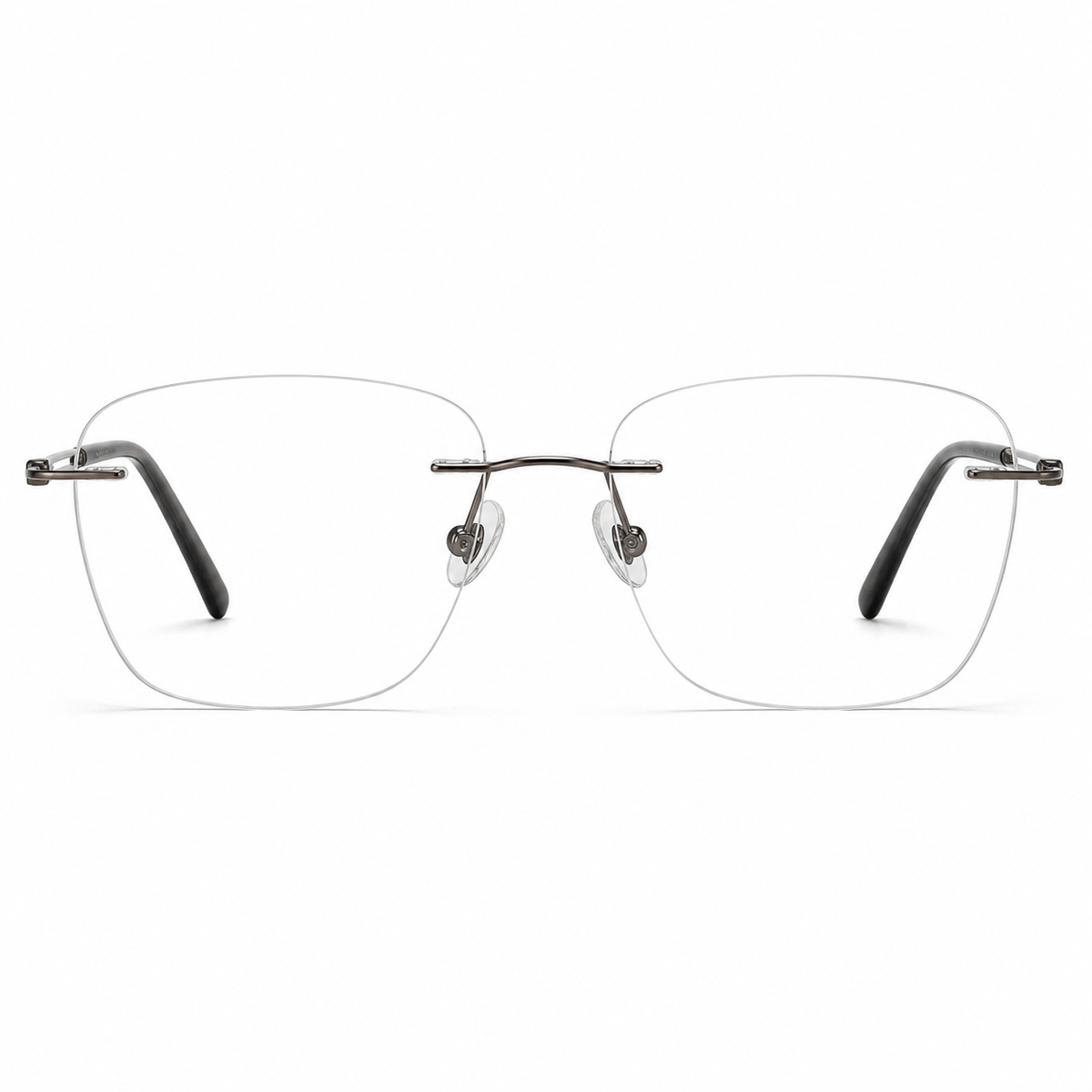 Gunmetal titanium rimless rounded-rectangle eyeglasses, straight-on product view