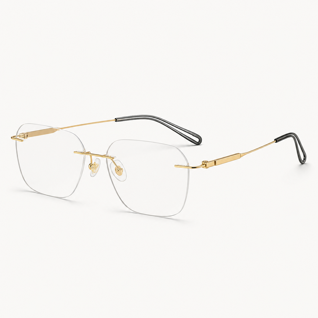 Gold pure titanium rimless soft-square eyeglasses, 45-degree product view