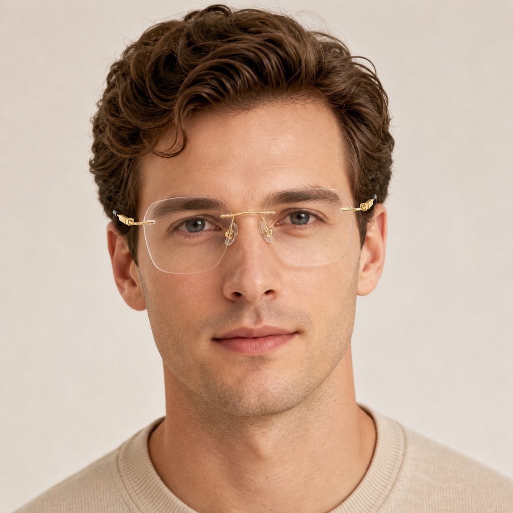Gold pure titanium rimless soft-square eyeglasses, front adult model fit