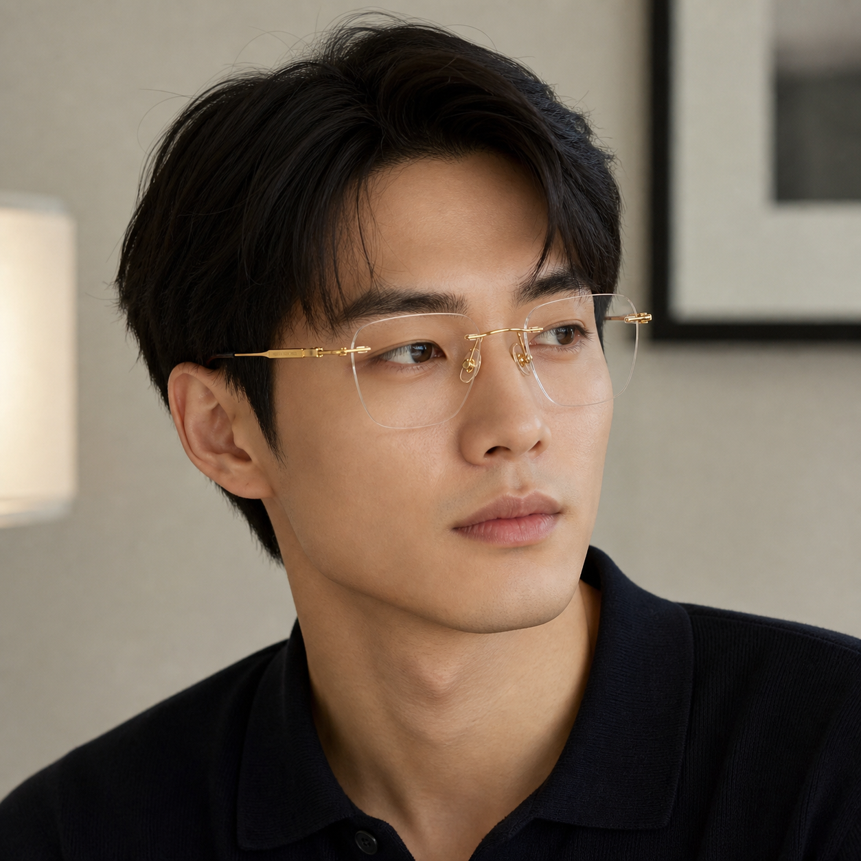 Gold pure titanium rimless soft-square eyeglasses, three-quarter adult model fit