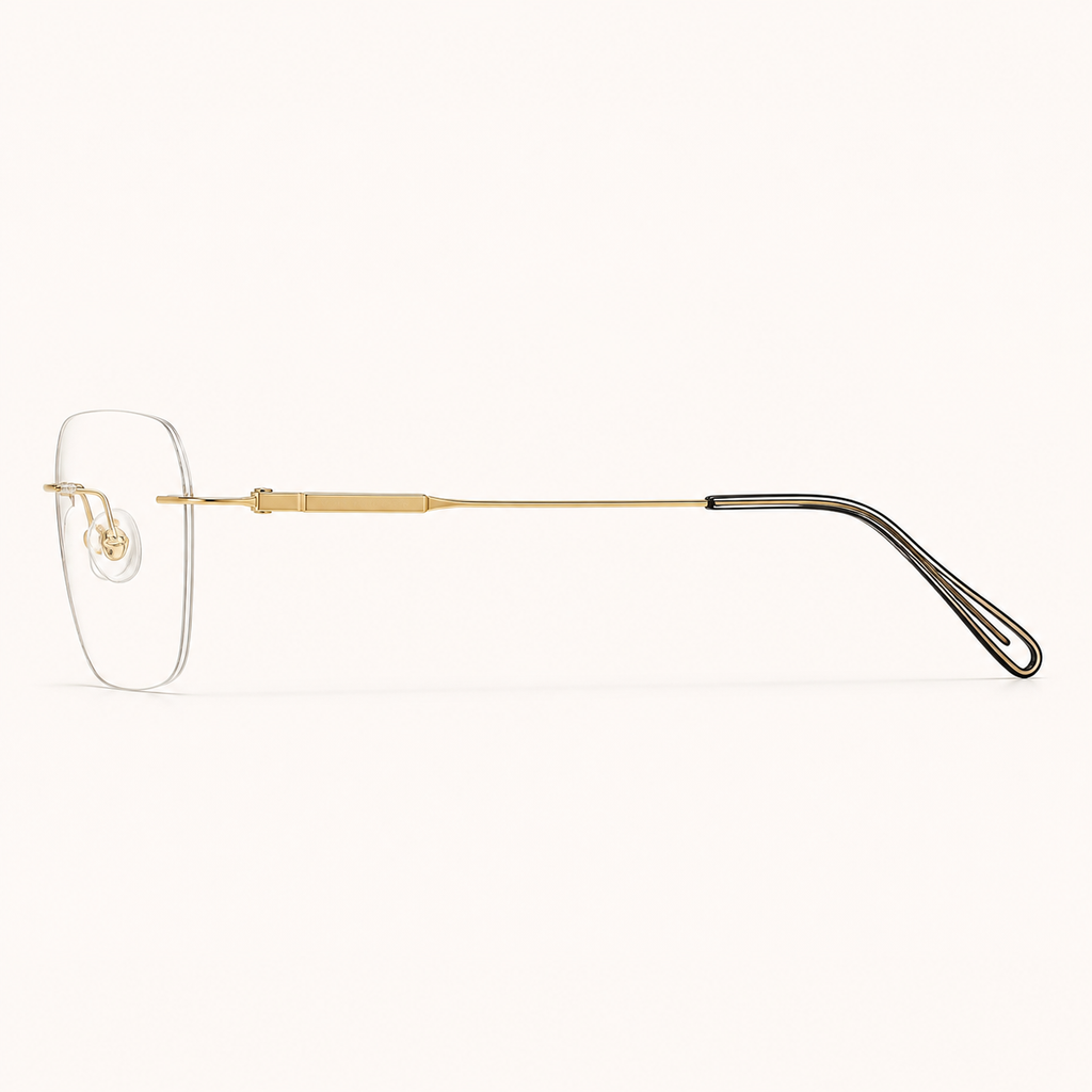 Gold pure titanium rimless soft-square eyeglasses, side-profile product view
