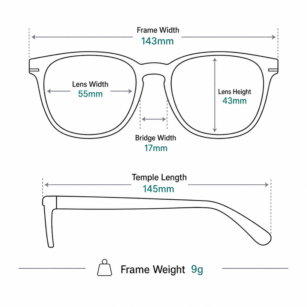 Men's Pure Titanium Rimless Soft-Square Glasses measurement guide: 143mm frame width, 55mm lens width, 9g weight