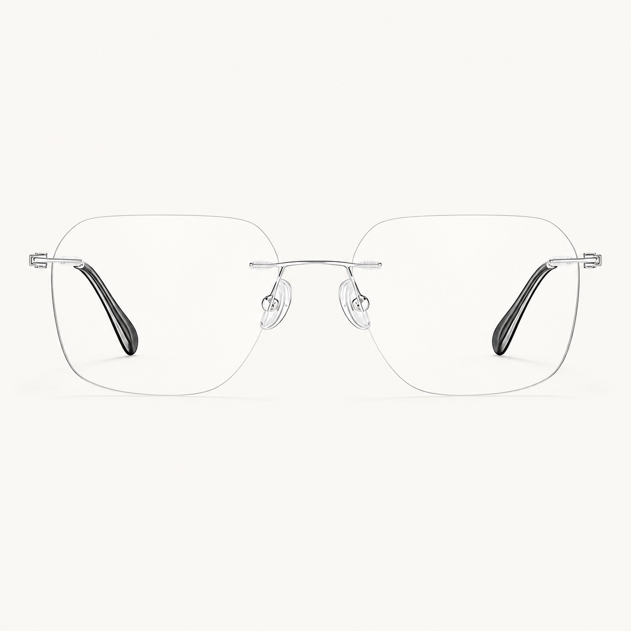 Silver pure titanium rimless soft-square eyeglasses, straight-on product view
